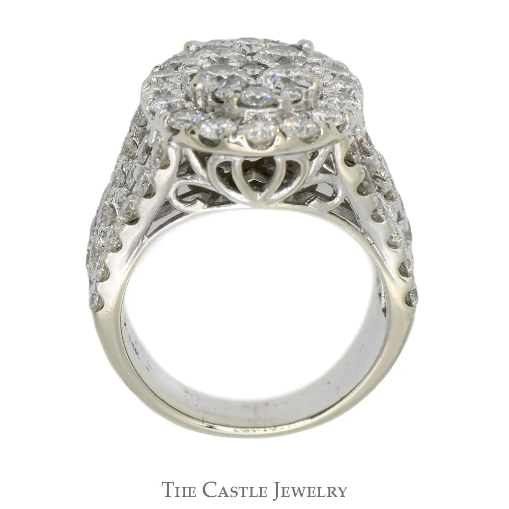 4cttw Oval Shaped Diamond Cluster Ring with Wide Diamond Accented Split Shank Sides in 14k White Gold
