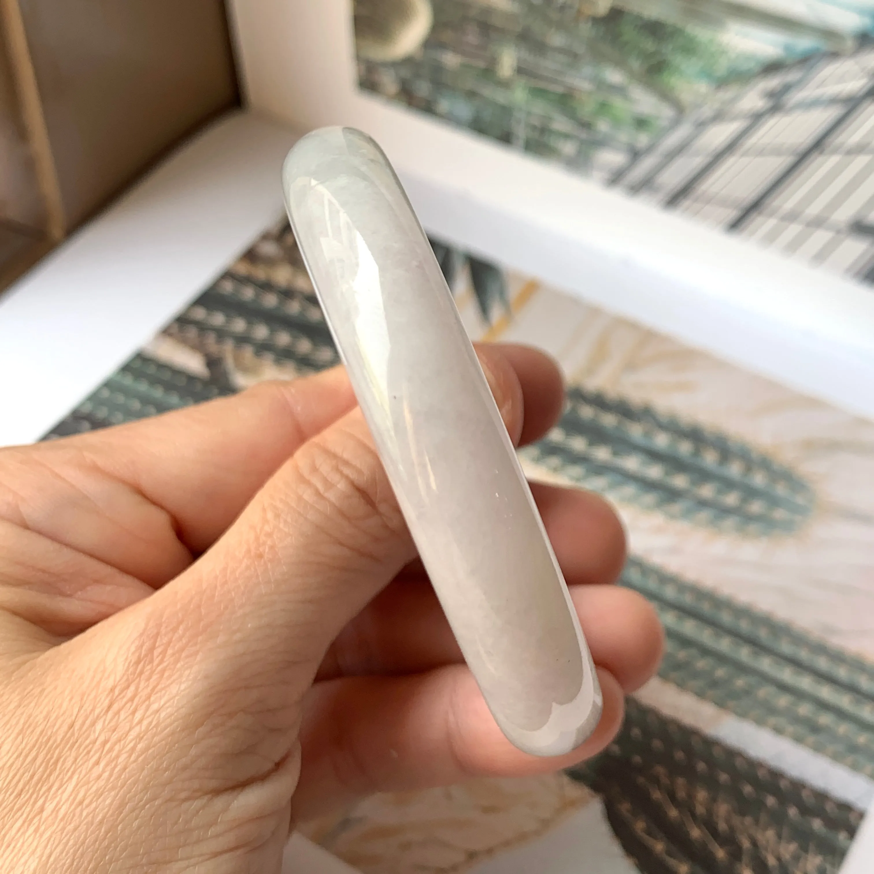 53.1mm A-Grade Natural Light Lavender Green Jadeite Modern Round Bangle No.330087