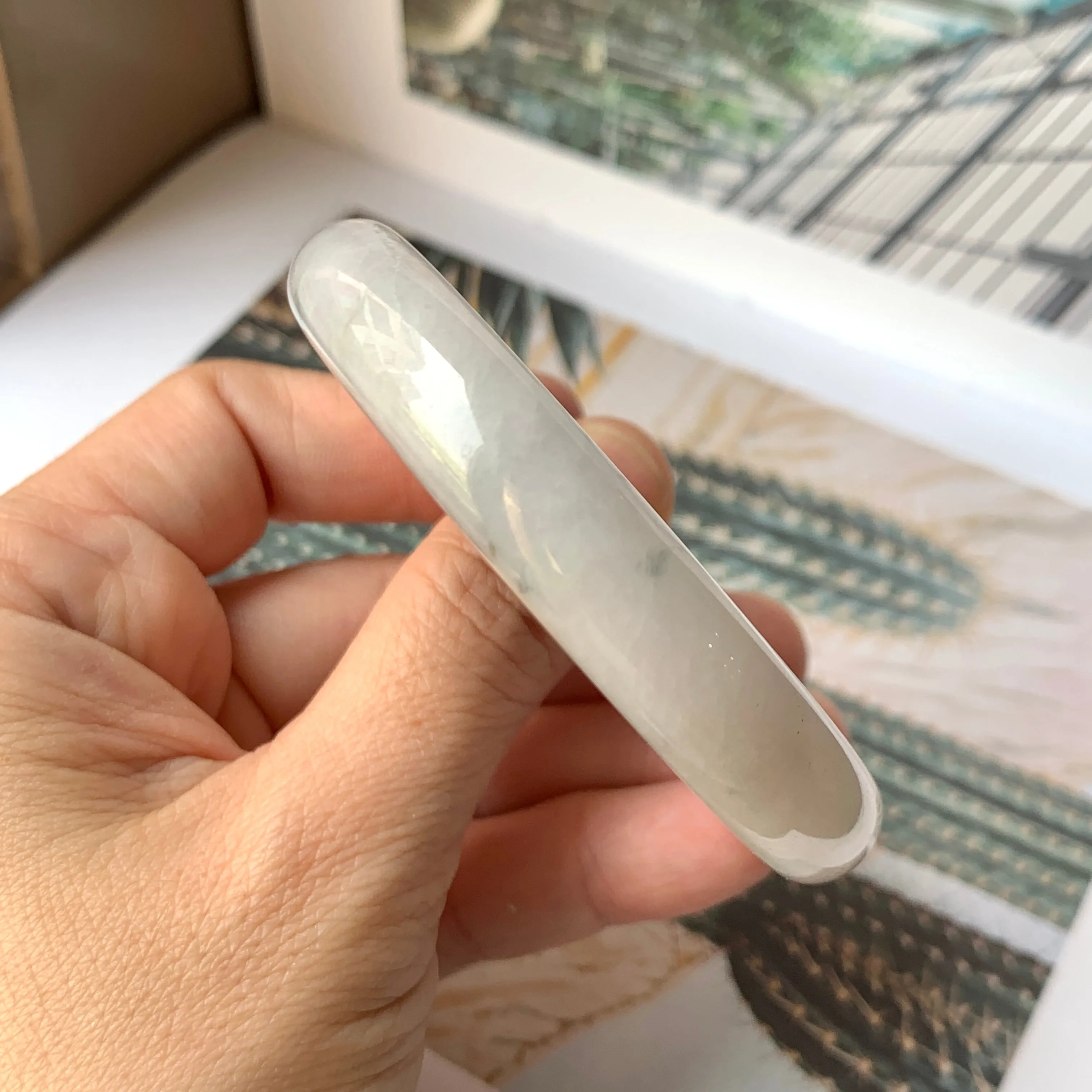 53.1mm A-Grade Natural Light Lavender Green Jadeite Modern Round Bangle No.330087