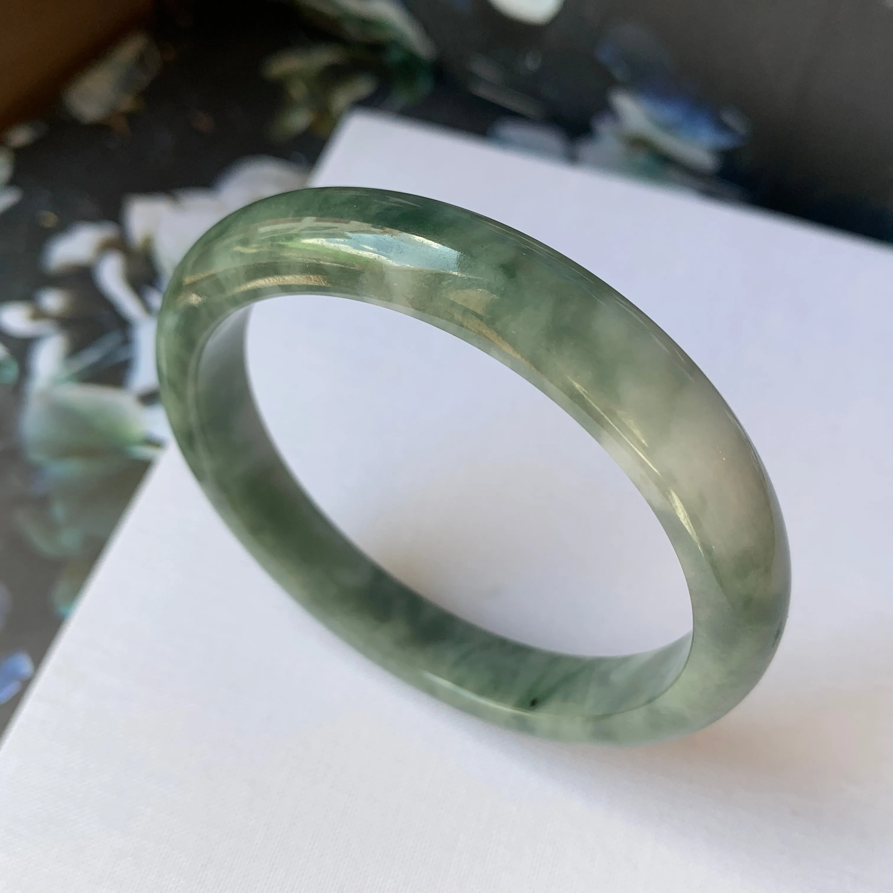 56.4mm A-Grade Natural Floral Bluish Green Jadeite Modern Round Bangle No.151936