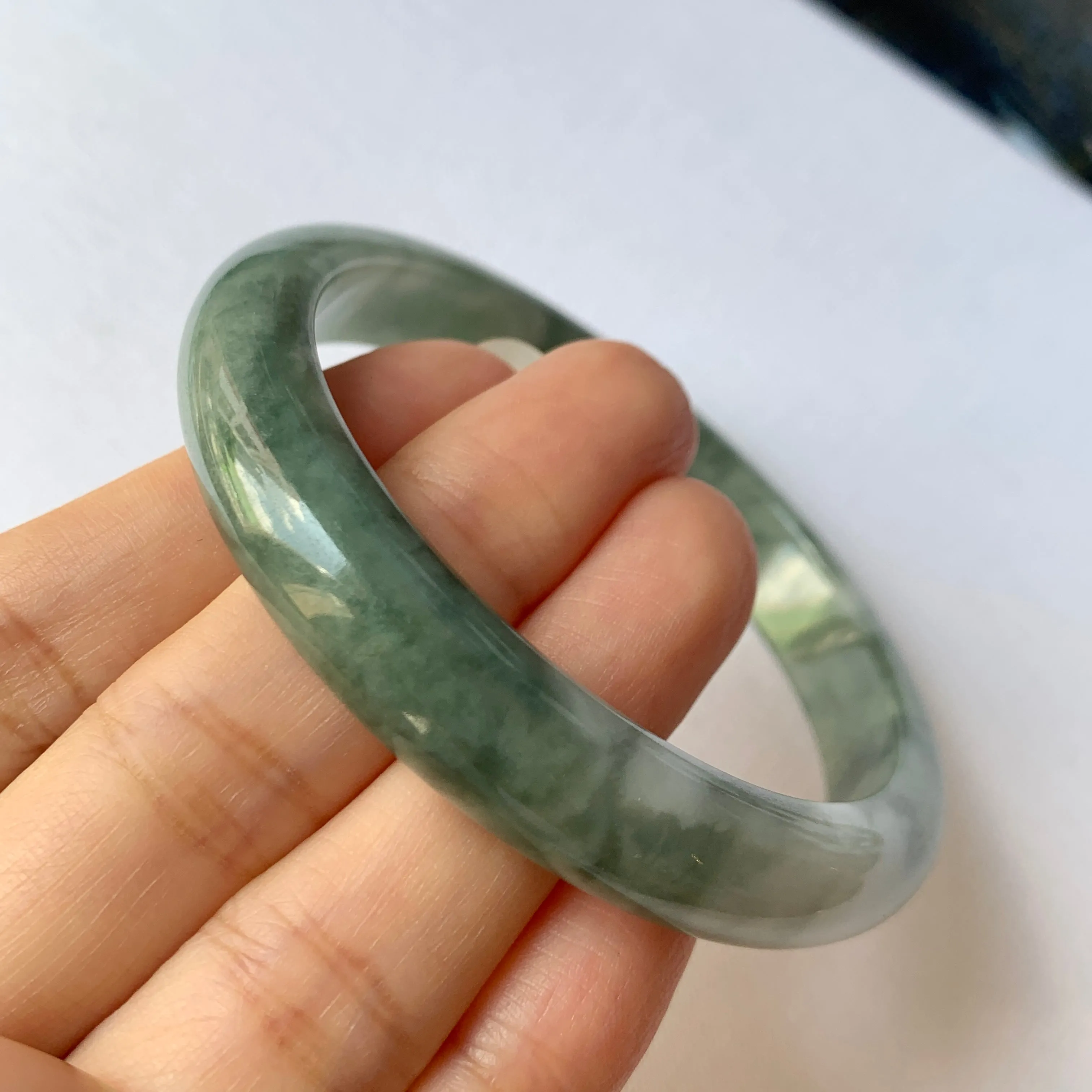56.4mm A-Grade Natural Floral Bluish Green Jadeite Modern Round Bangle No.151936