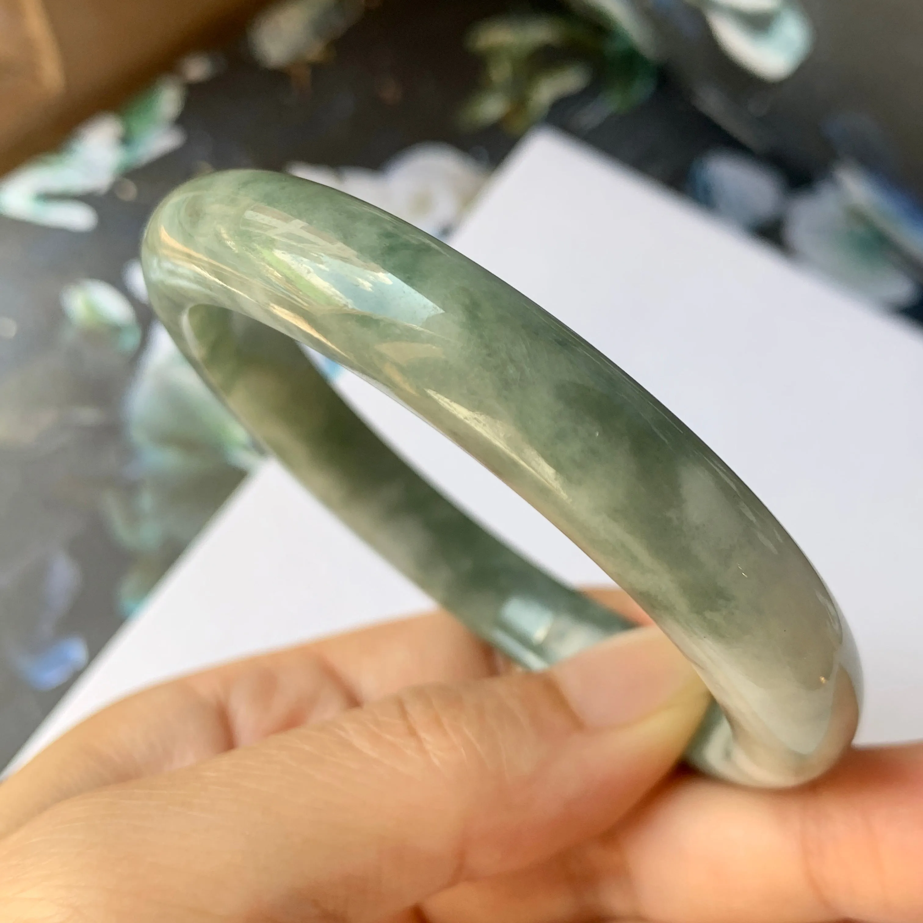 56.4mm A-Grade Natural Floral Bluish Green Jadeite Modern Round Bangle No.151936