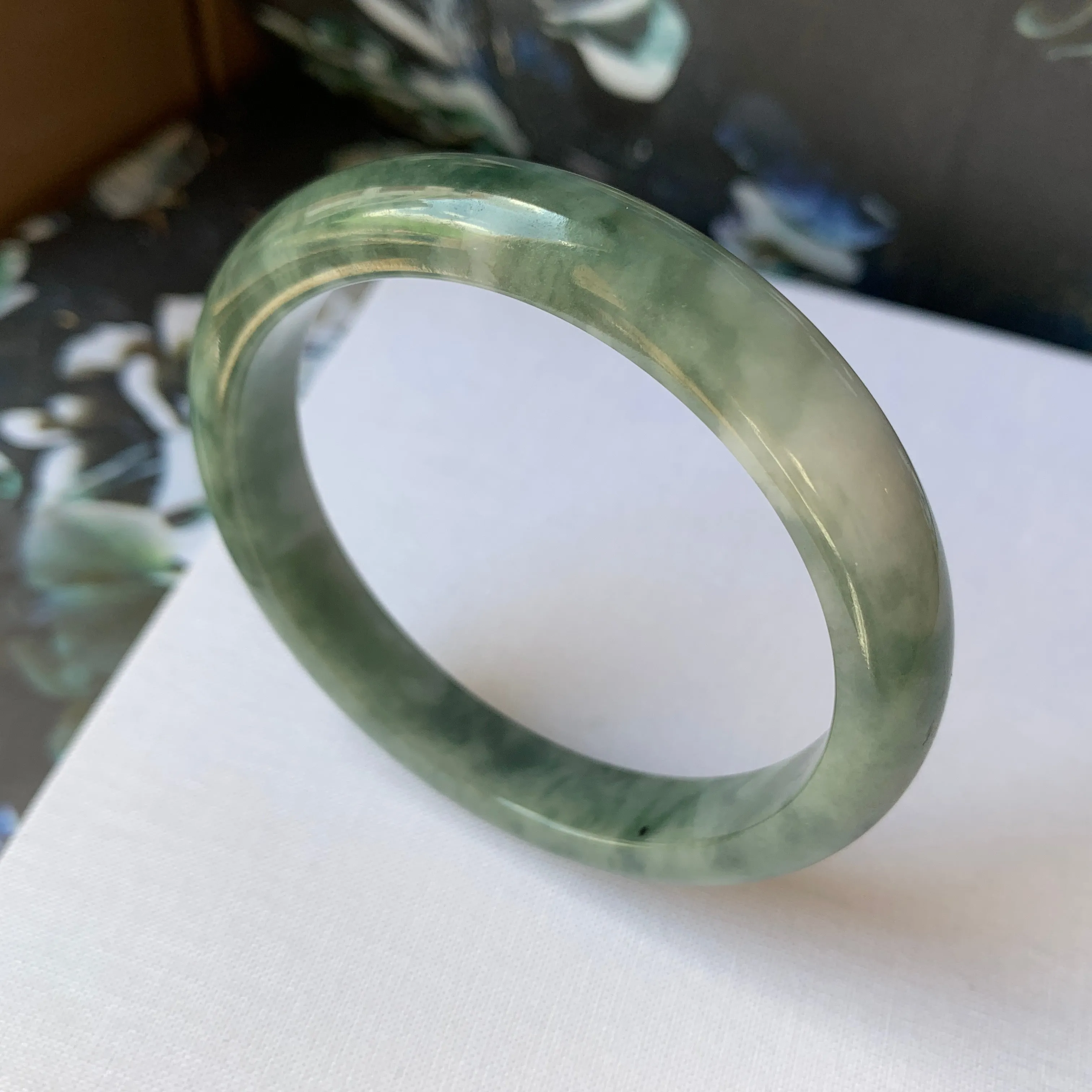 56.4mm A-Grade Natural Floral Bluish Green Jadeite Modern Round Bangle No.151936