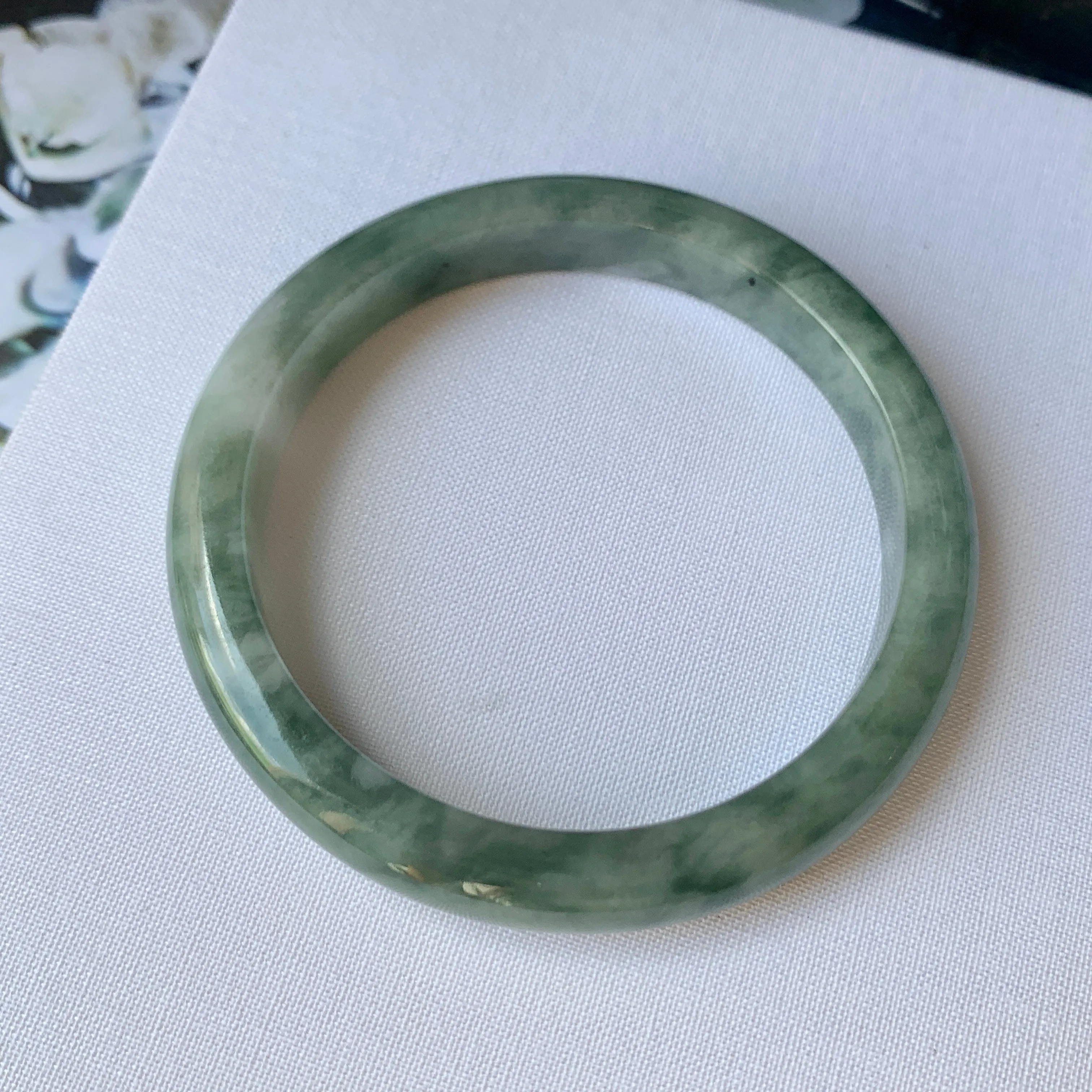 56.4mm A-Grade Natural Floral Bluish Green Jadeite Modern Round Bangle No.151936
