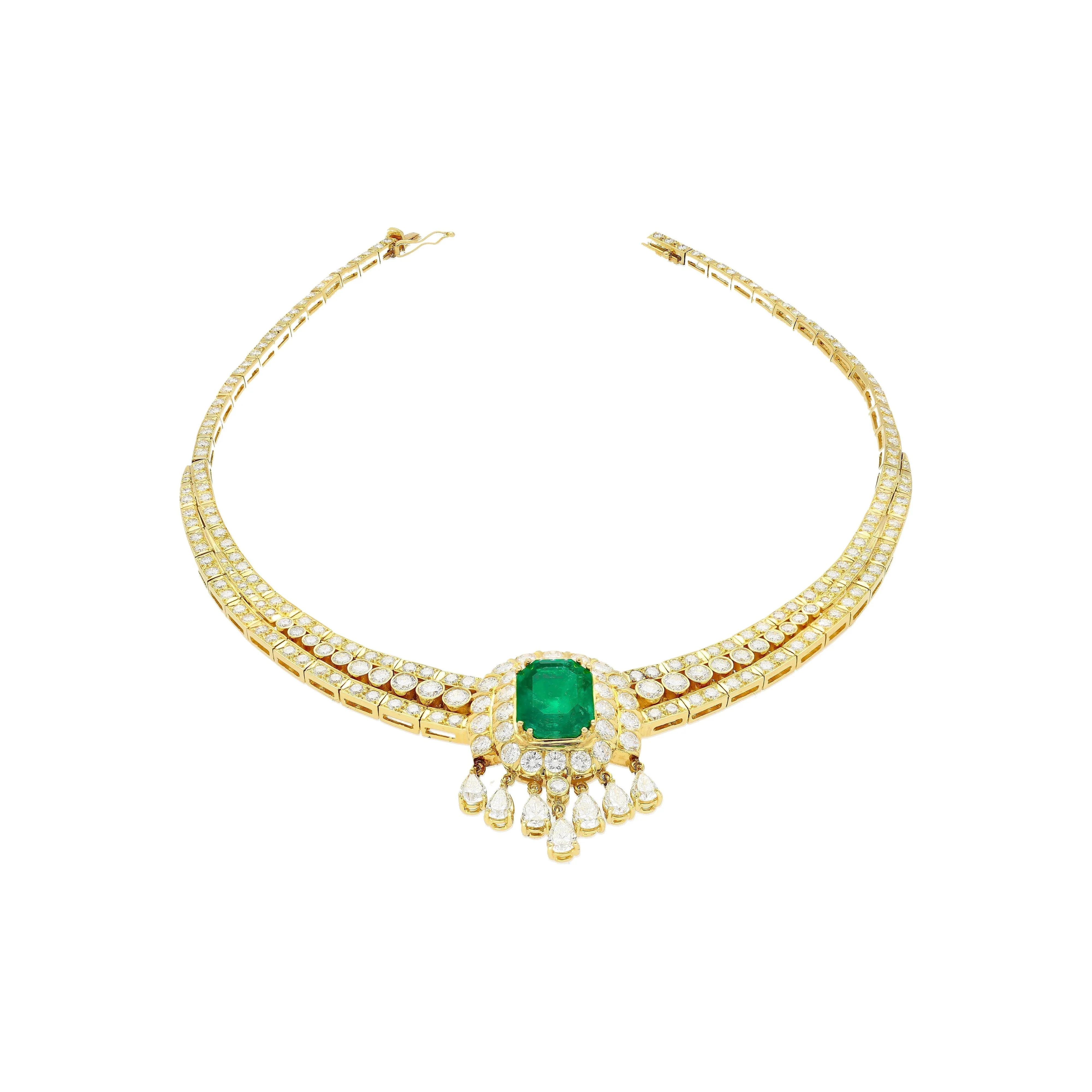8.12 Carat Colombian Emerald & Diamond Chandelier Regal Choker Necklace