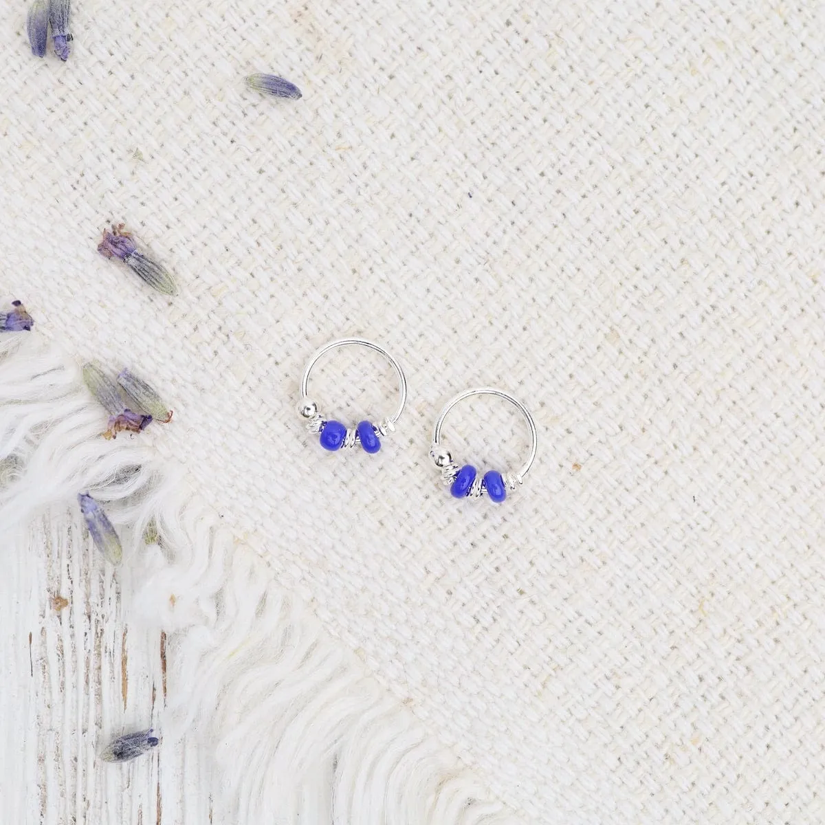 8mm Sterling Silver Sleeper Hoops with Dark Blue Beads