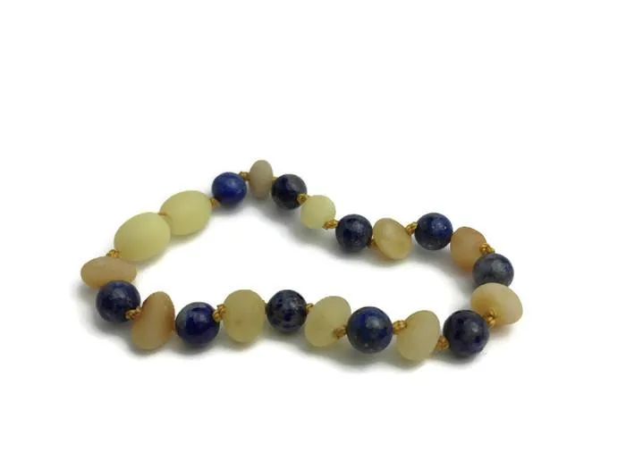 ADHD Raw Milk Lapis Lazuli Baltic Amber Teething Bracelet for Baby Toddler 5.5 Inch
