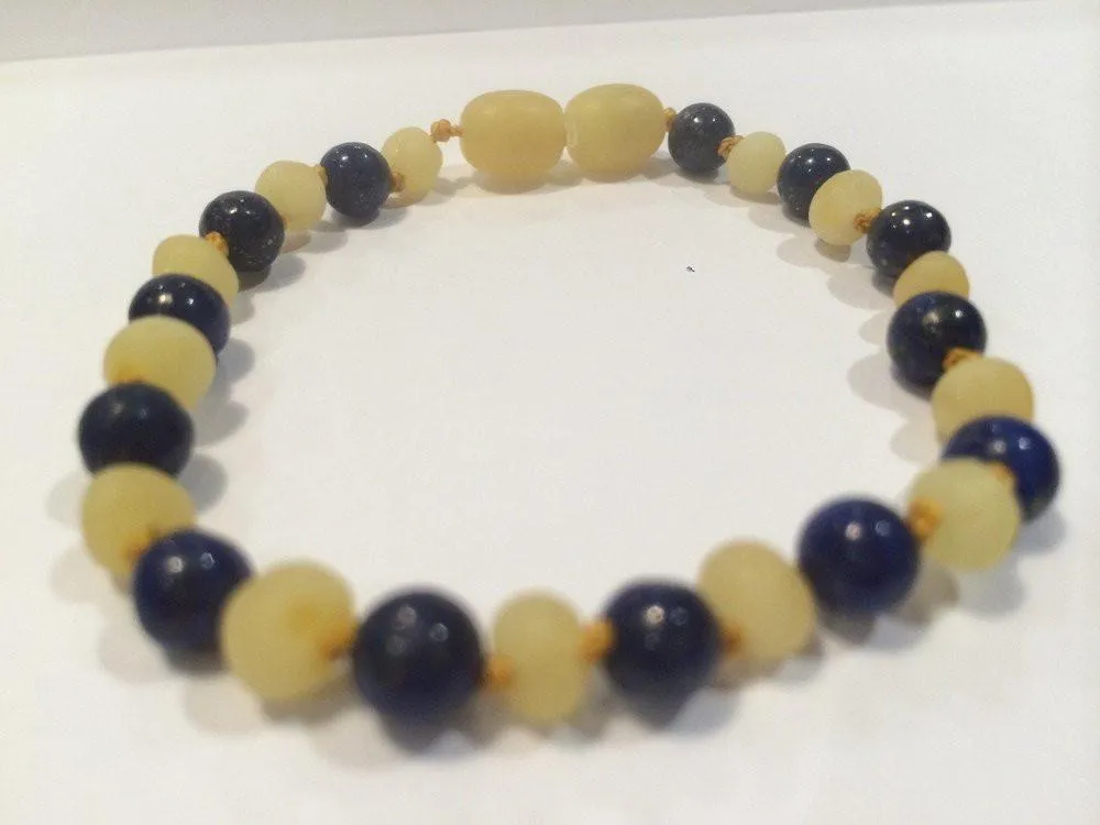 ADHD Raw Milk Lapis Lazuli Baltic Amber Teething Bracelet for Baby Toddler 5.5 Inch