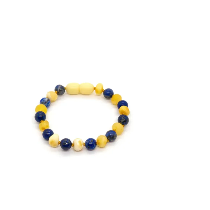 ADHD Raw Milk Lapis Lazuli Baltic Amber Teething Bracelet for Baby Toddler 5.5 Inch