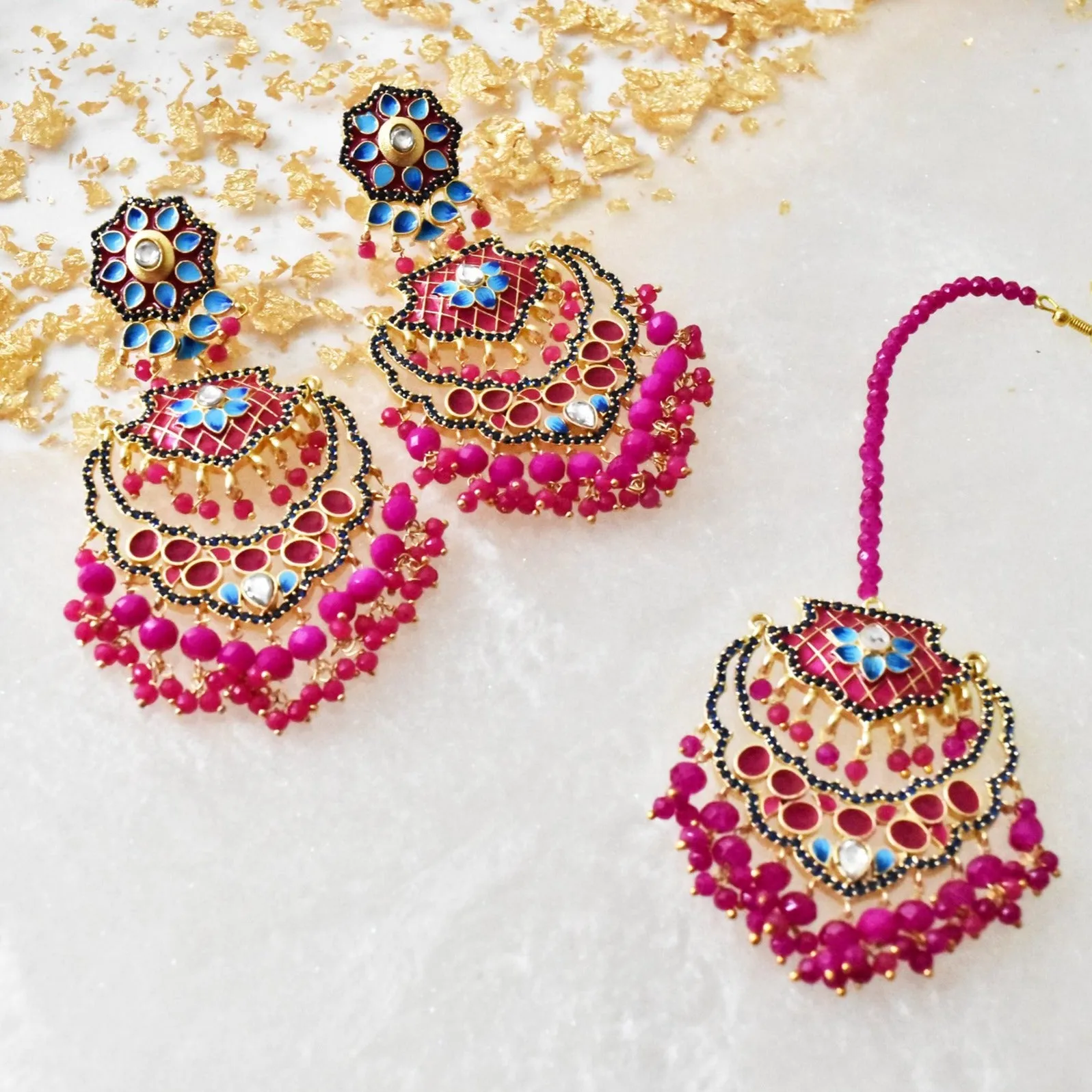 Aisyah Meenakari Beaded Earrings Tikka Set
