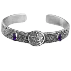 Amethyst Teardrop Pentacle Bangle, Solid Silver Pentagram Bracelet With Amethyst Gemstones, Handmade