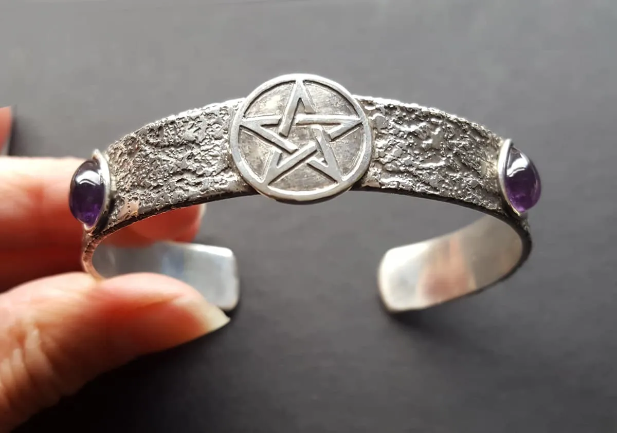 Amethyst Teardrop Pentacle Bangle, Solid Silver Pentagram Bracelet With Amethyst Gemstones, Handmade