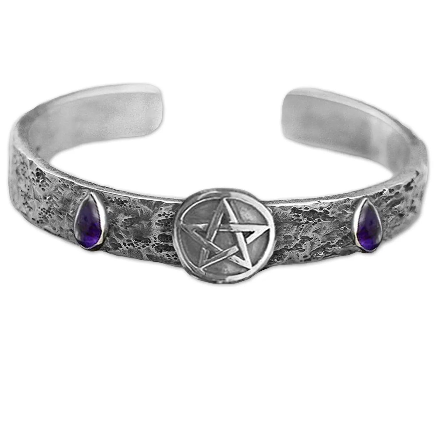 Amethyst Teardrop Pentacle Bangle, Solid Silver Pentagram Bracelet With Amethyst Gemstones, Handmade