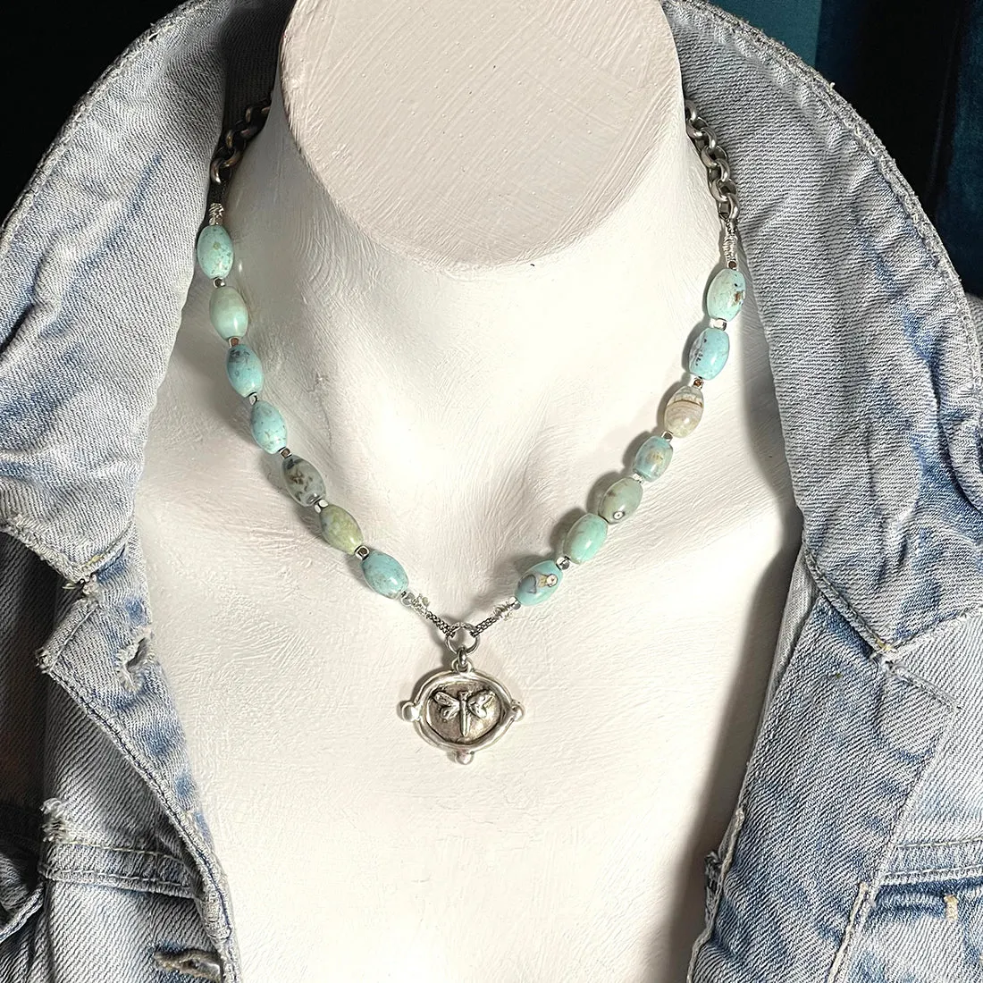 AQUA Dragon Skin Agate DRAGONFLY CHOKER Necklace