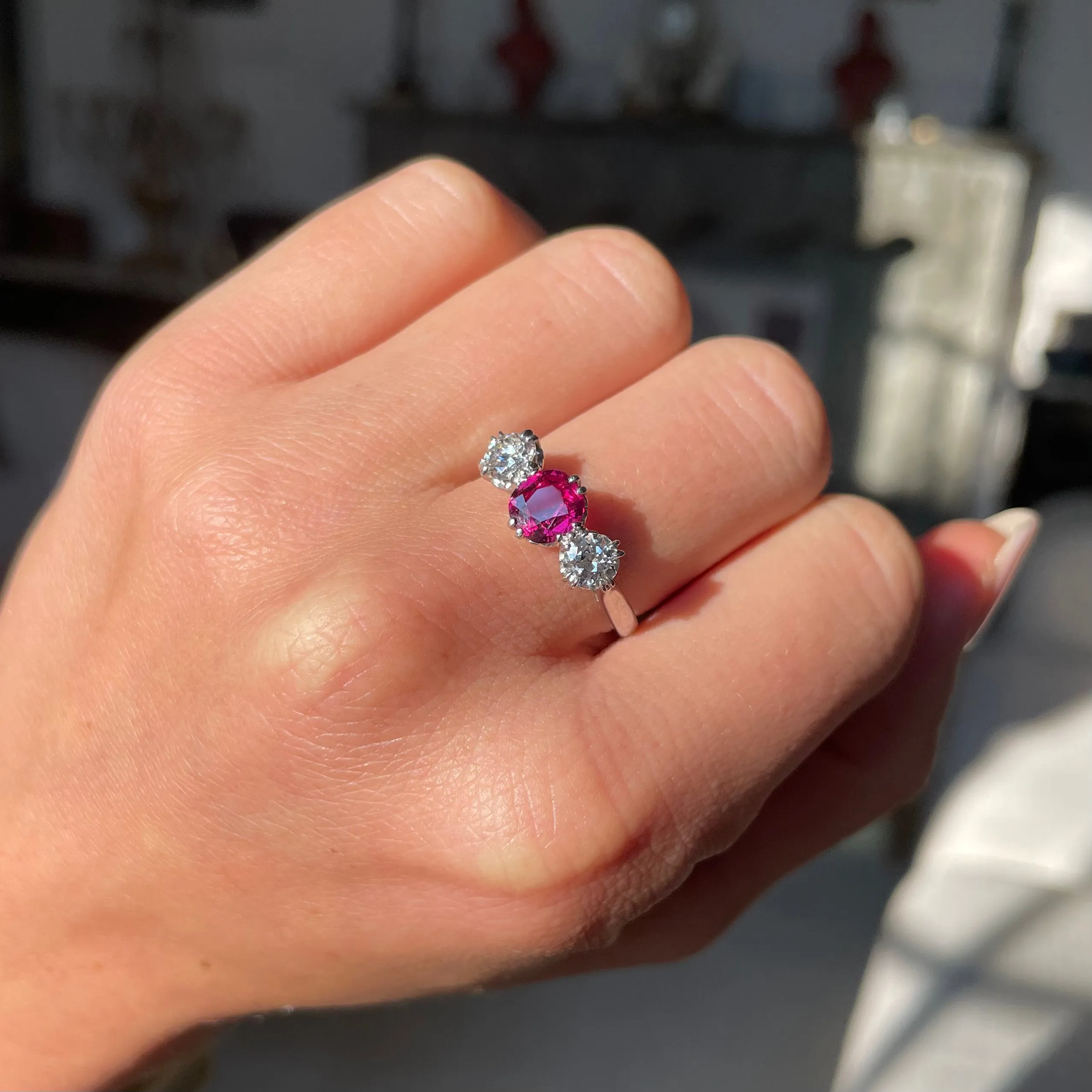 Art Deco, ruby & diamond three-stone engagement ring