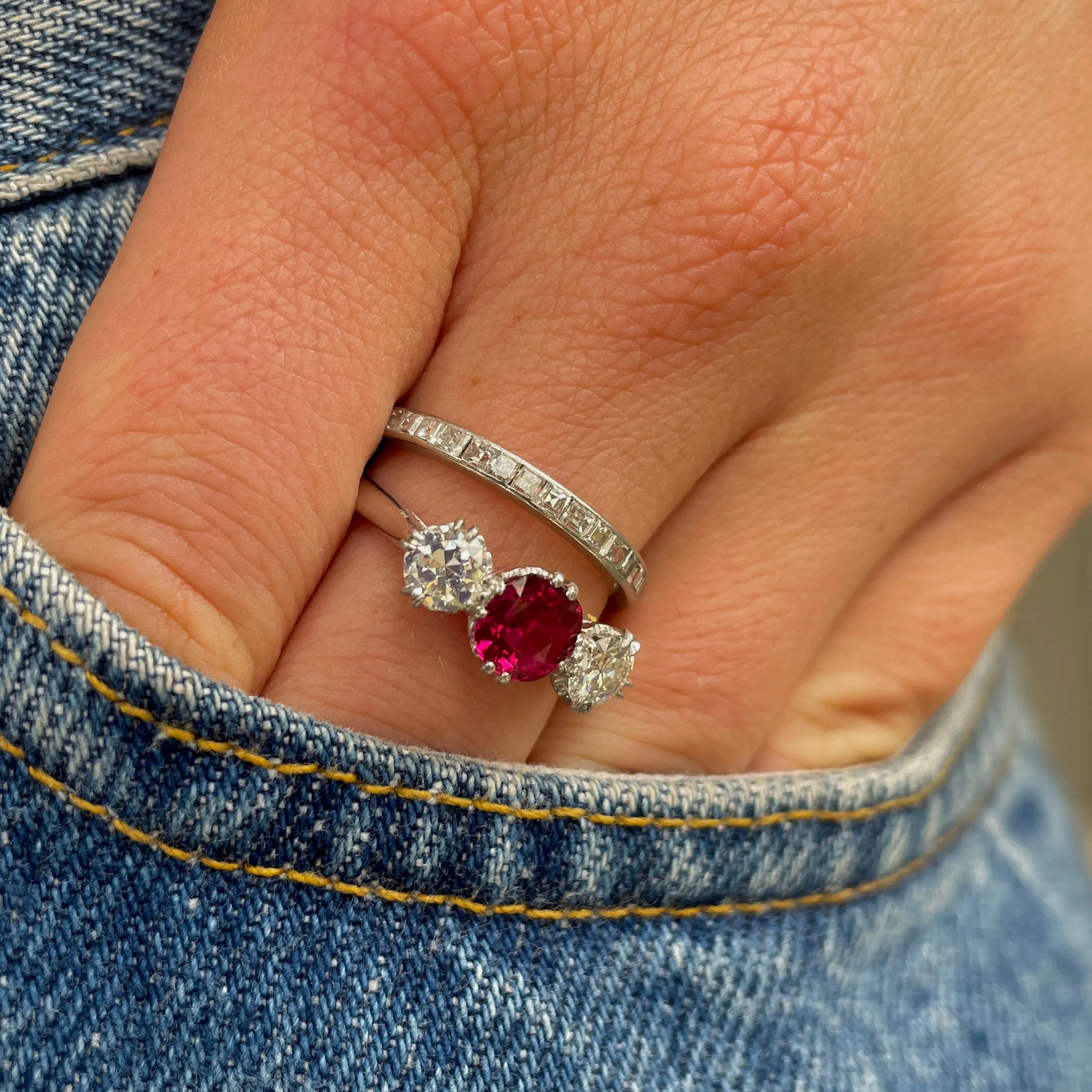 Art Deco, ruby & diamond three-stone engagement ring