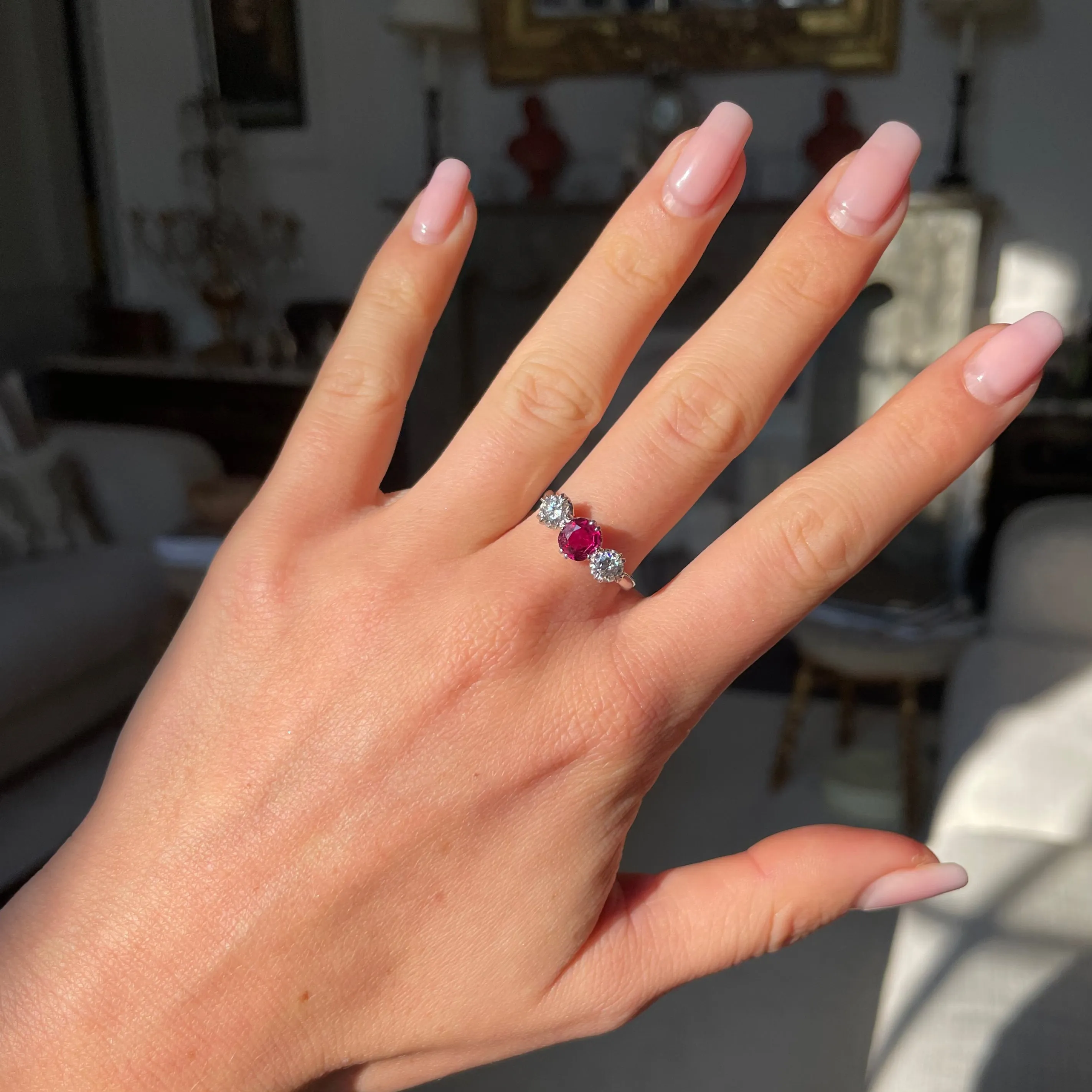 Art Deco, ruby & diamond three-stone engagement ring