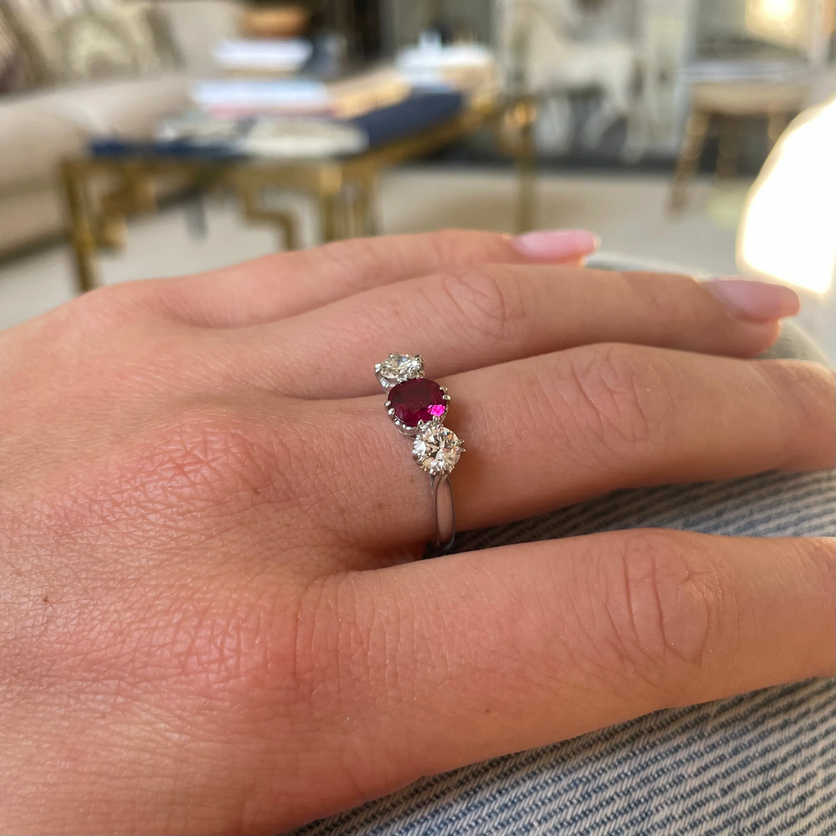 Art Deco, ruby & diamond three-stone engagement ring