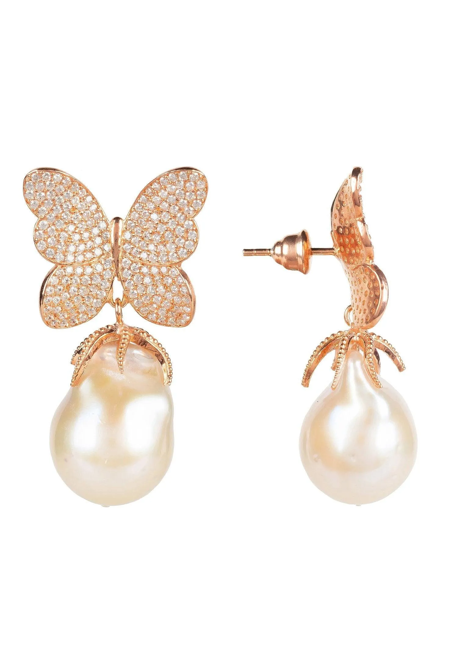 Baroque Pearl White Butterfly Earring Rosegold