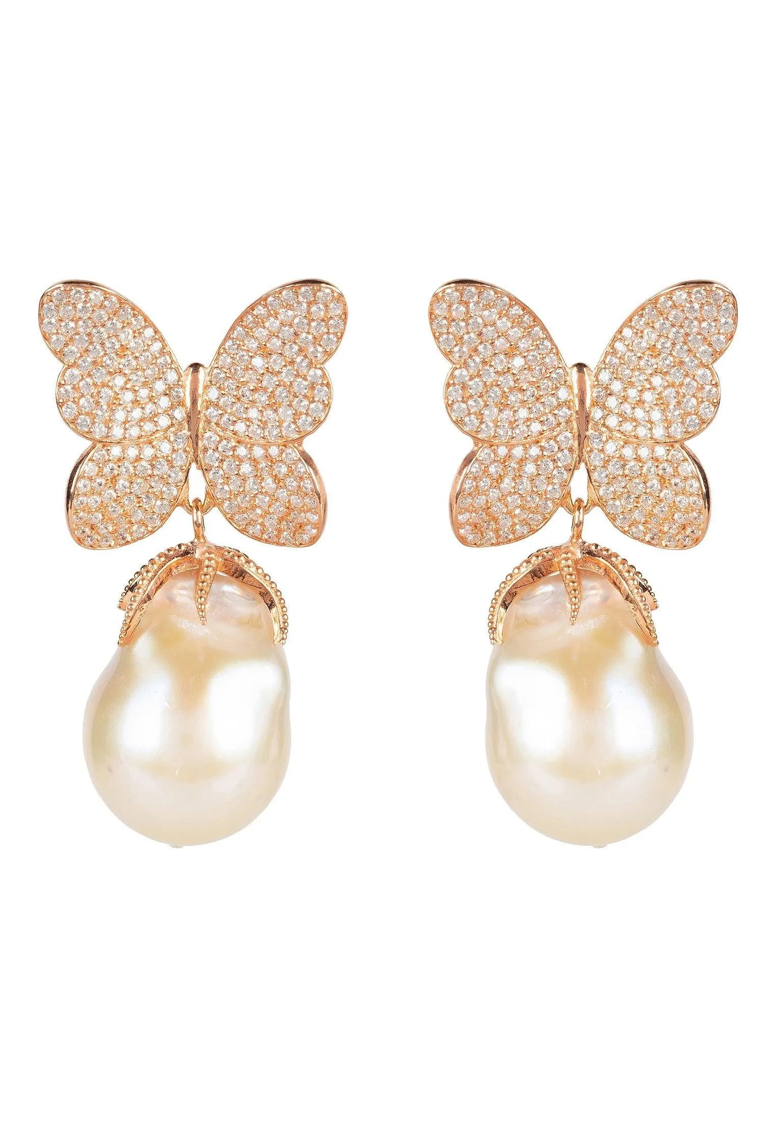 Baroque Pearl White Butterfly Earring Rosegold