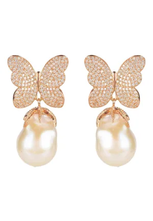Baroque Pearl White Butterfly Earring Rosegold