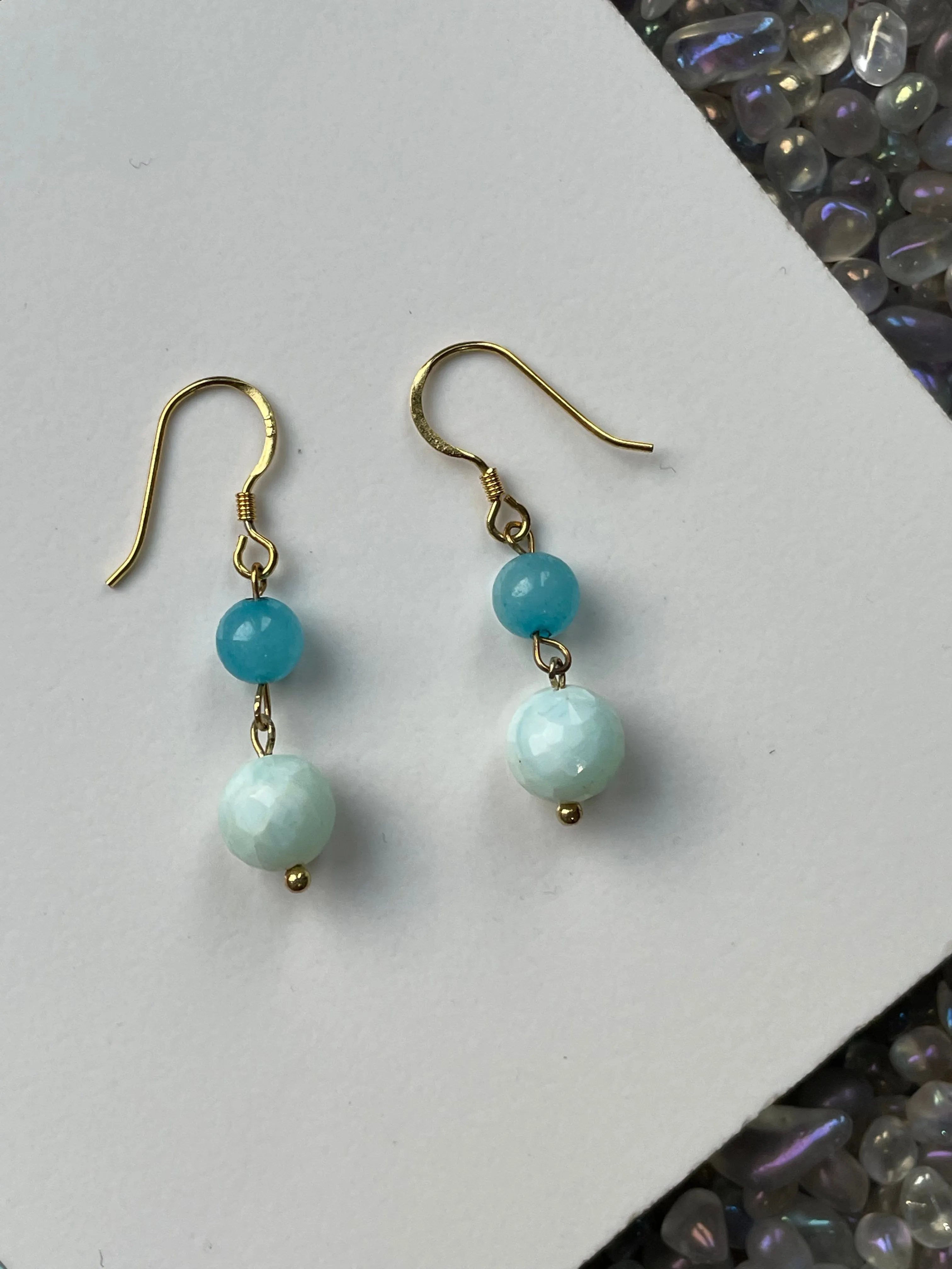 Blue Opal & Quartz Crystal Gemstone 925 Gold Vermeil Drop Earrings