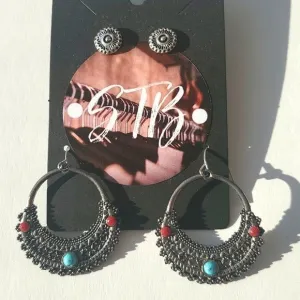 Boutique Two Pair Simple Silver Tone Studs and Dangle Multicolor Earrings