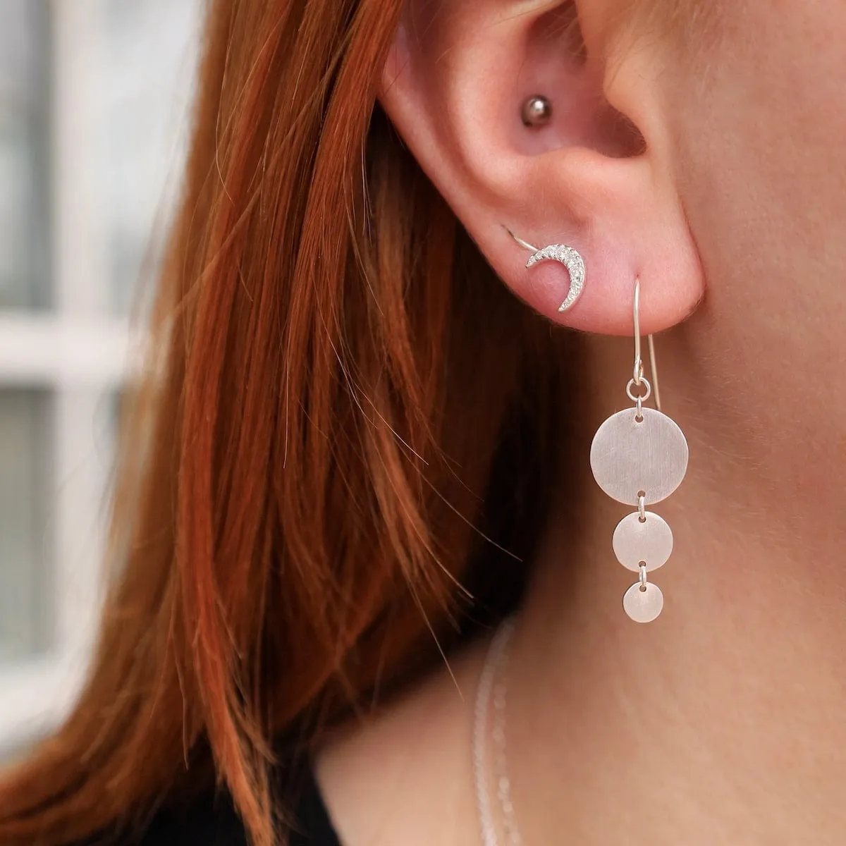 Brushed Sterling Silver 3 Discs Earring