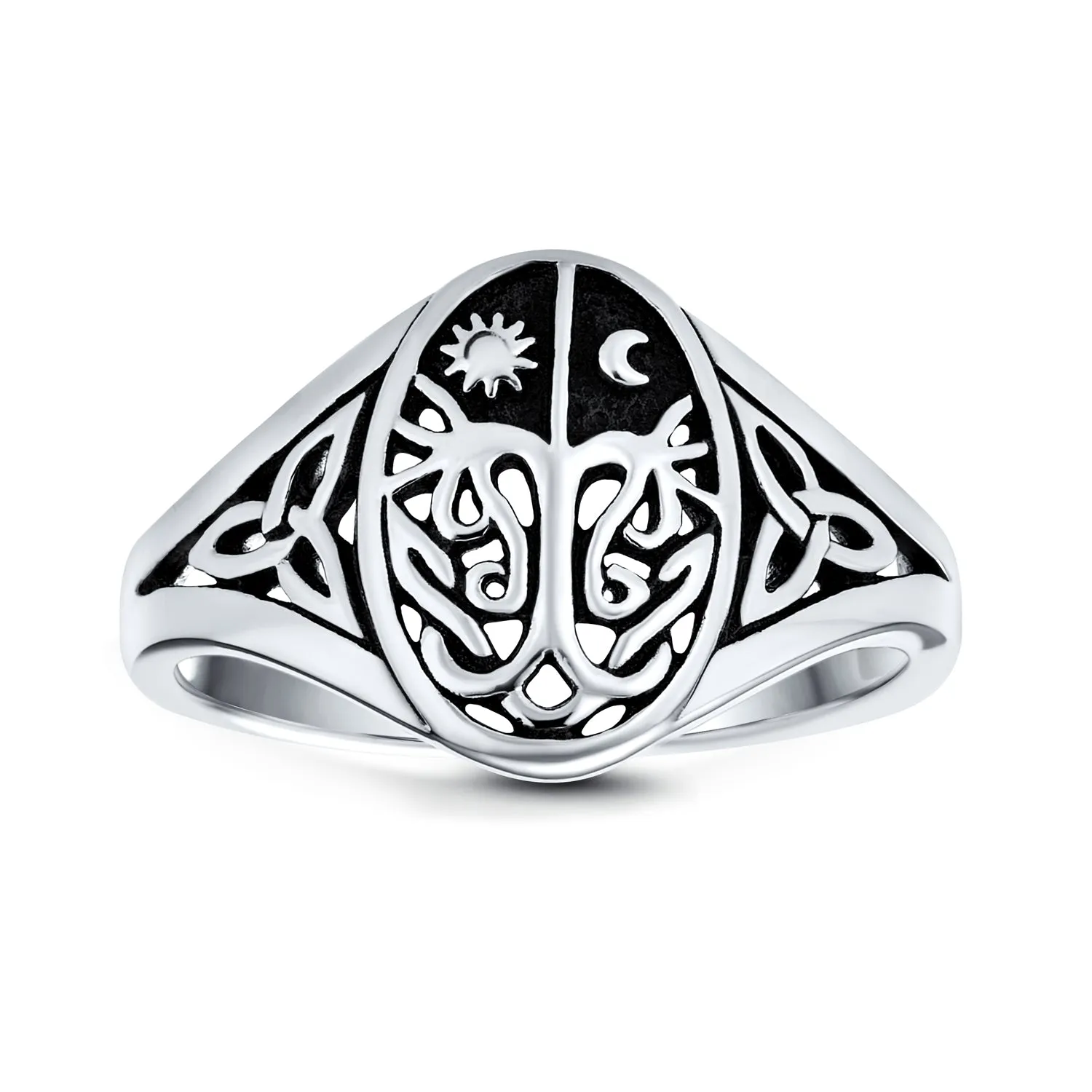 Celestial Celtic Sun Moon Tree Of Life Signet Silver Ring Antique Style Sterling