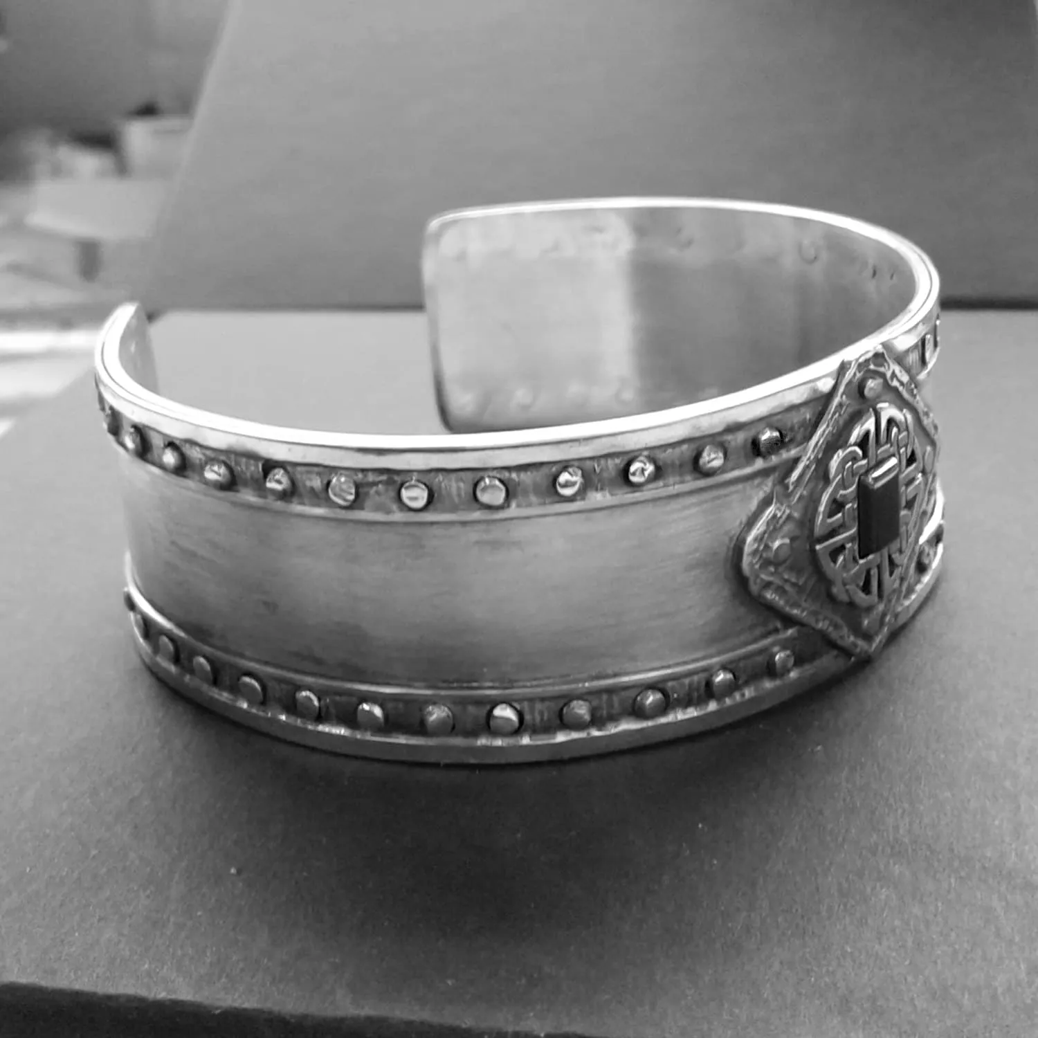 Celtic Shield Wide Celtic Bangle, Solid Silver Celtic Cuff Bracelet With Hematite,  Handmade