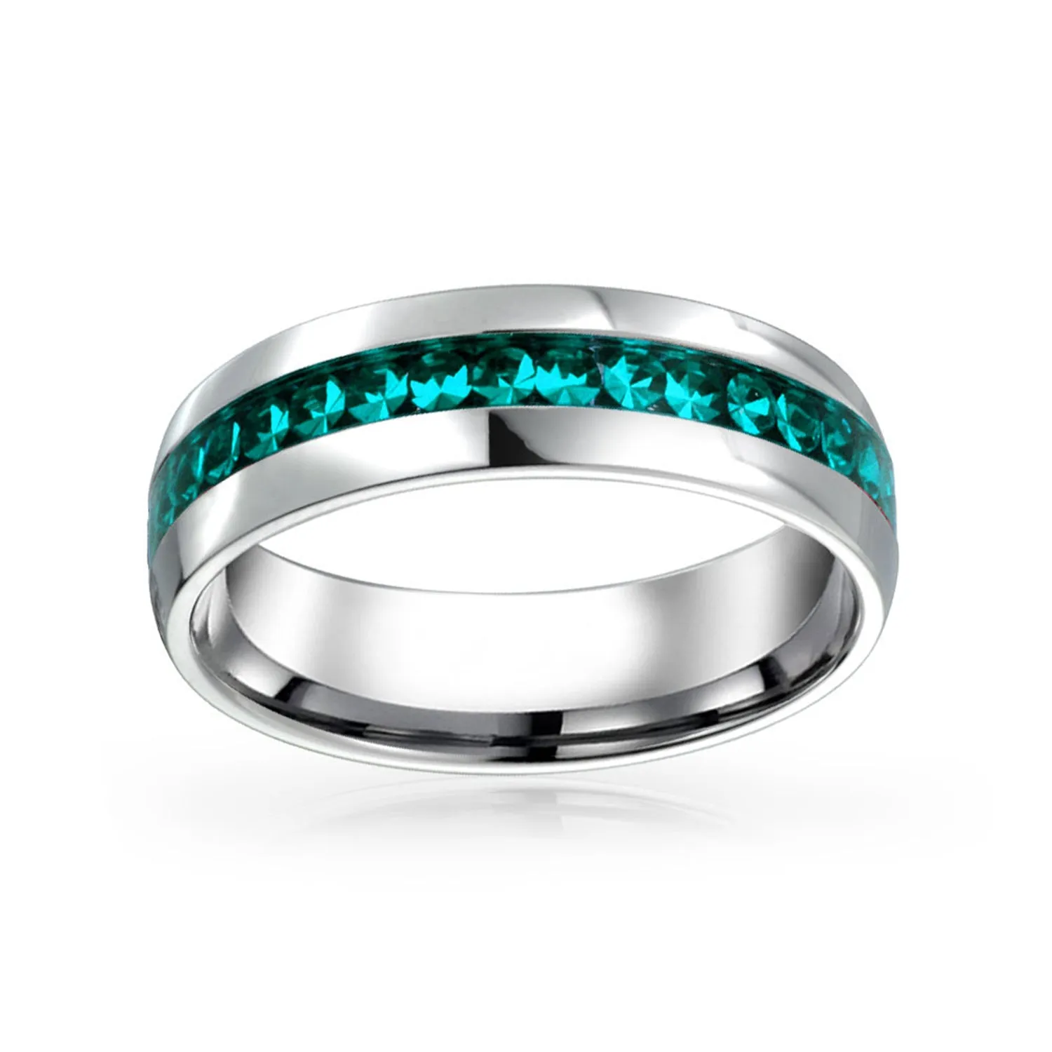 Channel Set Crystal Eternity Band Ring Stainless Steel Birthstone Month 6mm