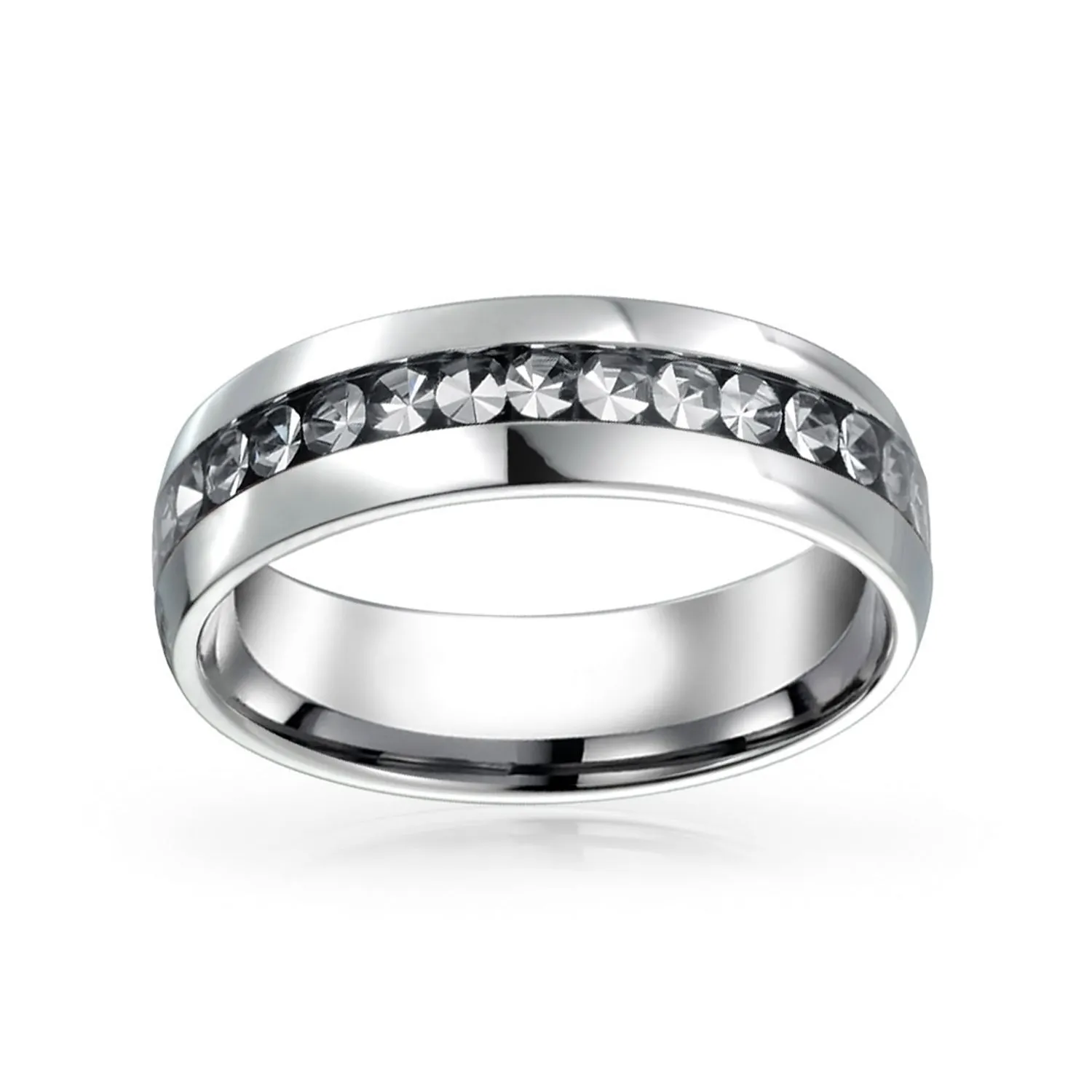 Channel Set Crystal Eternity Band Ring Stainless Steel Birthstone Month 6mm