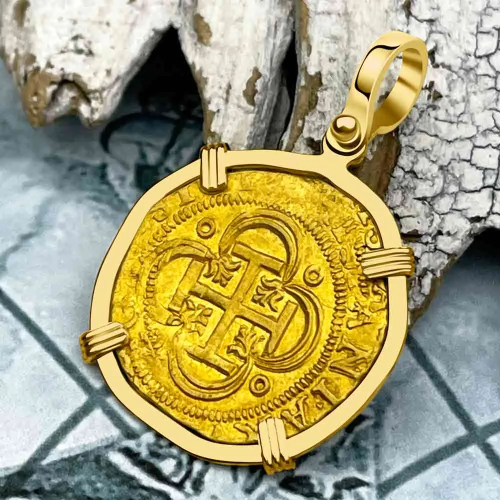 Circa 1560 Unknown Shipwreck 22K Gold 1 Escudo the Legendary Pirate Era Doubloon 18K Gold Pendant | Artifact #8932
