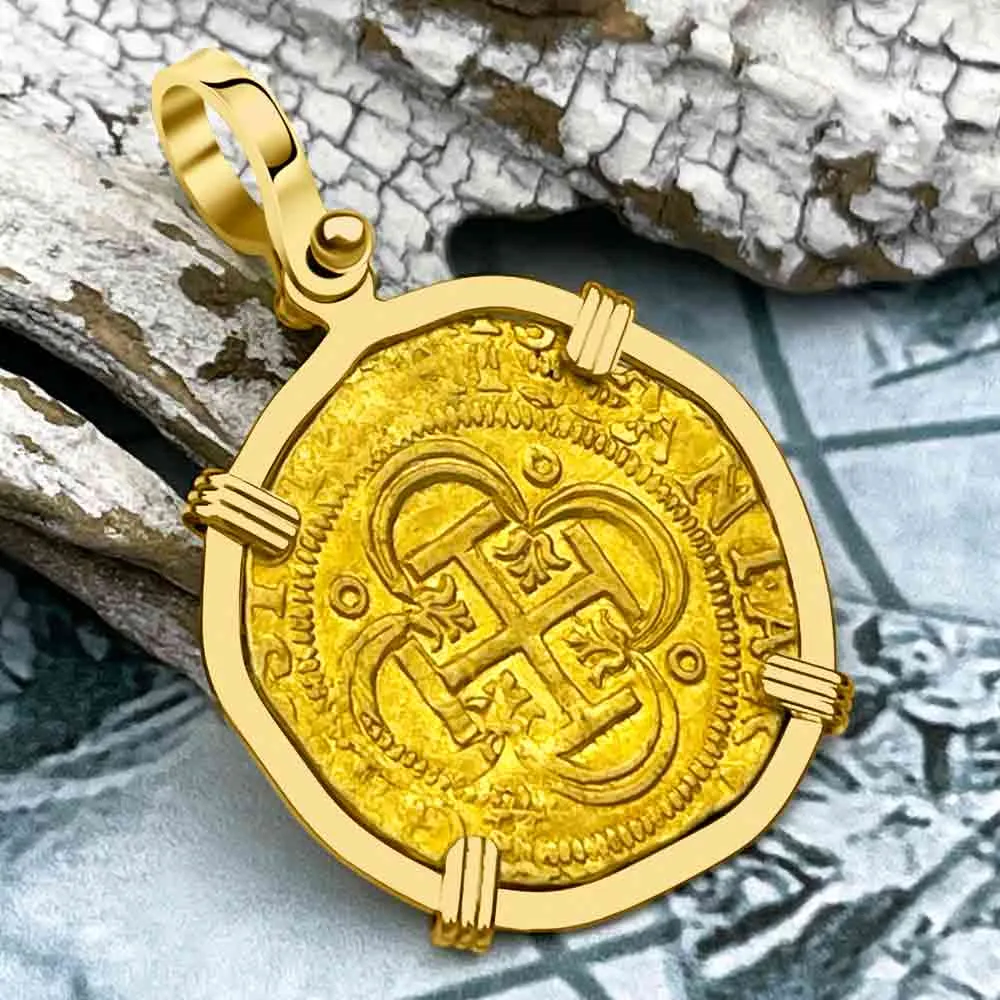 Circa 1560 Unknown Shipwreck 22K Gold 1 Escudo the Legendary Pirate Era Doubloon 18K Gold Pendant | Artifact #8932