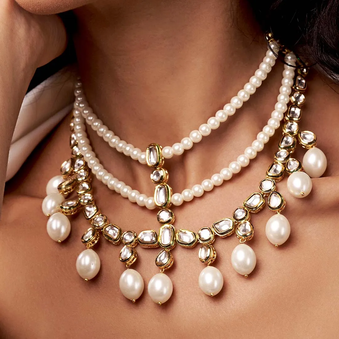 Classic Pearl Necklace With Polki - JUJBR23N35