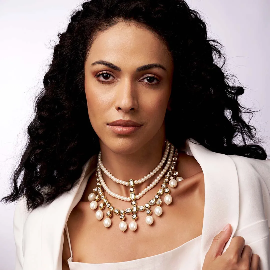 Classic Pearl Necklace With Polki - JUJBR23N35