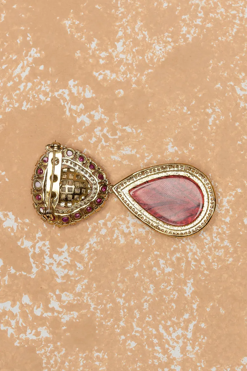 Crystal Brooch With Maroon Jaipuri Bead Drop