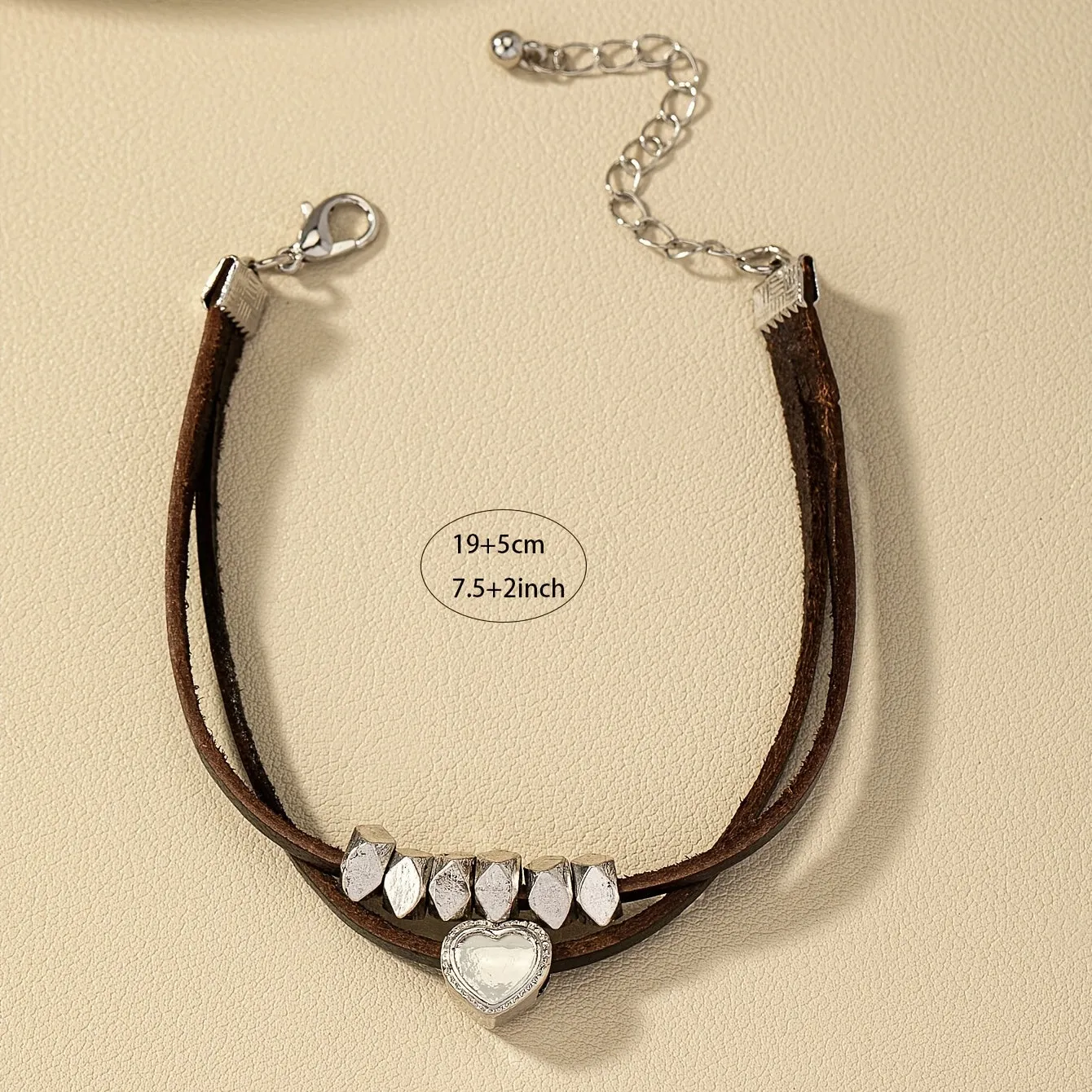Dark Style Leather Necklace and Bracelet Set with Heart Stone