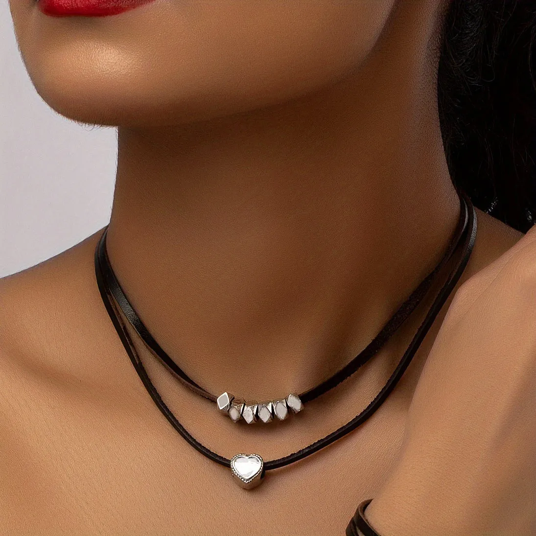 Dark Style Leather Necklace and Bracelet Set with Heart Stone