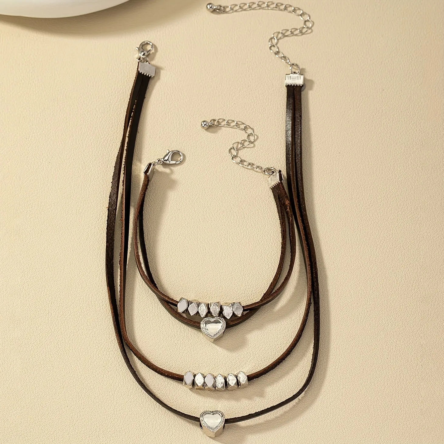 Dark Style Leather Necklace and Bracelet Set with Heart Stone