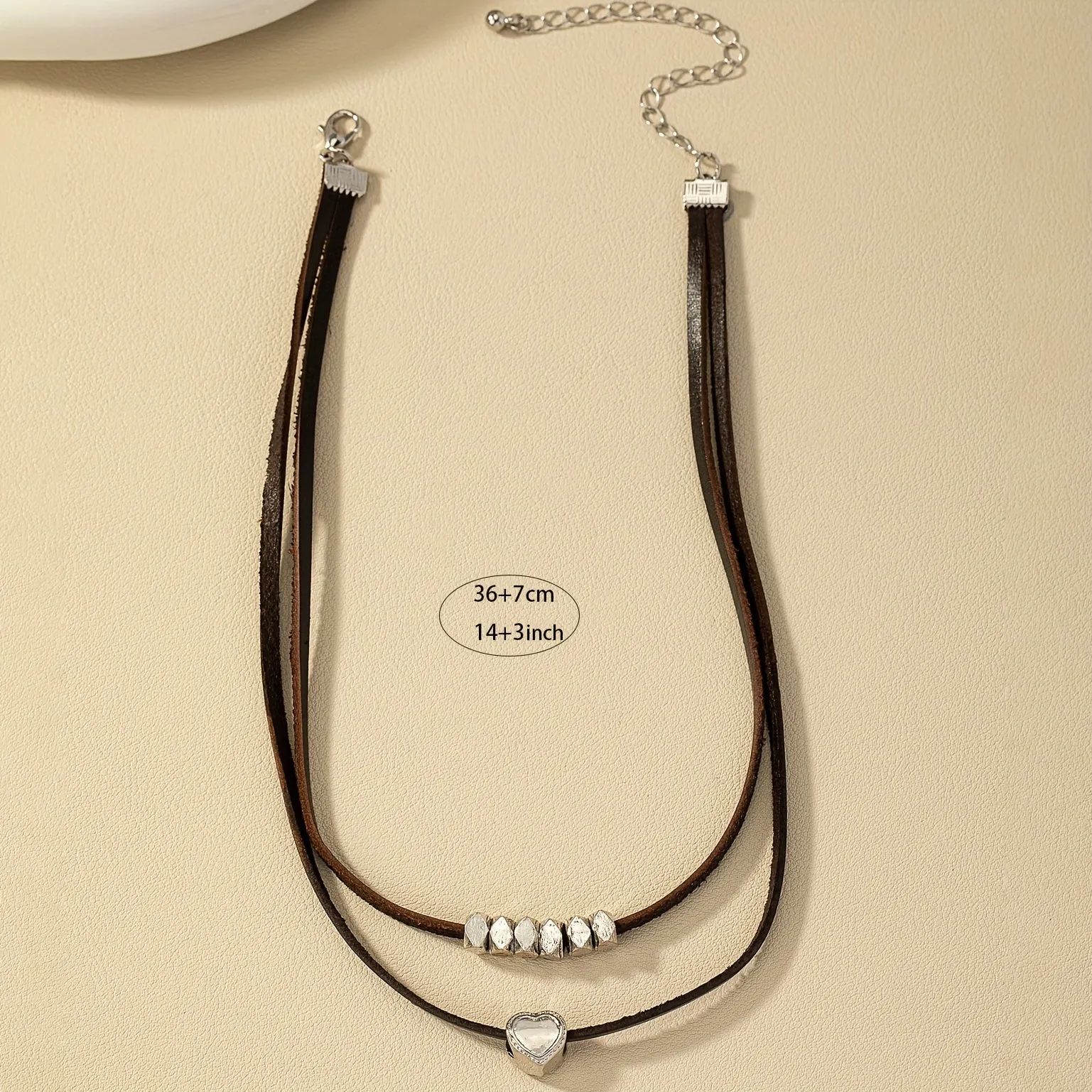 Dark Style Leather Necklace and Bracelet Set with Heart Stone