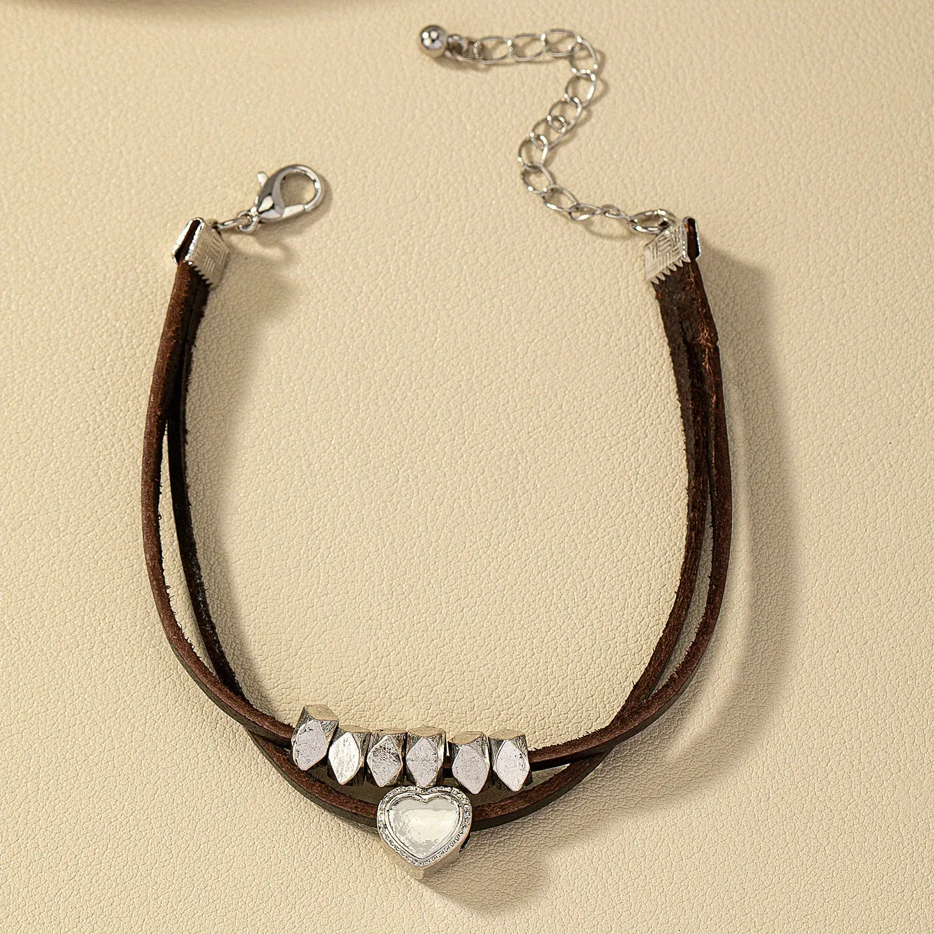 Dark Style Leather Necklace and Bracelet Set with Heart Stone