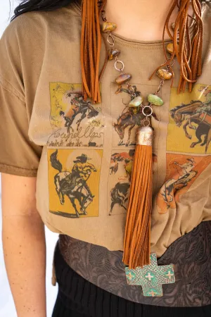 Desert Oasis: Handcrafted Turquoise Nugget Necklace with Copper Circles and Suede Tassel"