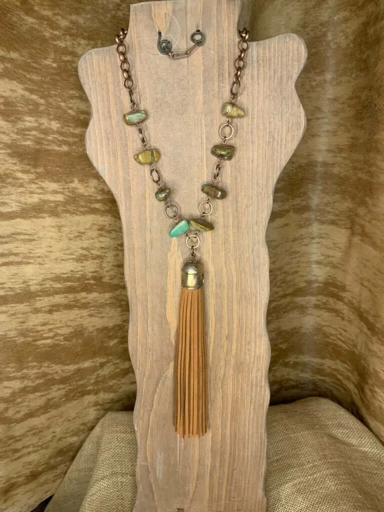 Desert Oasis: Handcrafted Turquoise Nugget Necklace with Copper Circles and Suede Tassel"