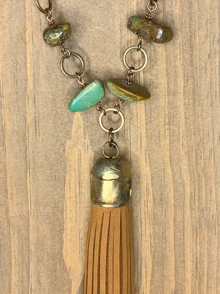 Desert Oasis: Handcrafted Turquoise Nugget Necklace with Copper Circles and Suede Tassel"