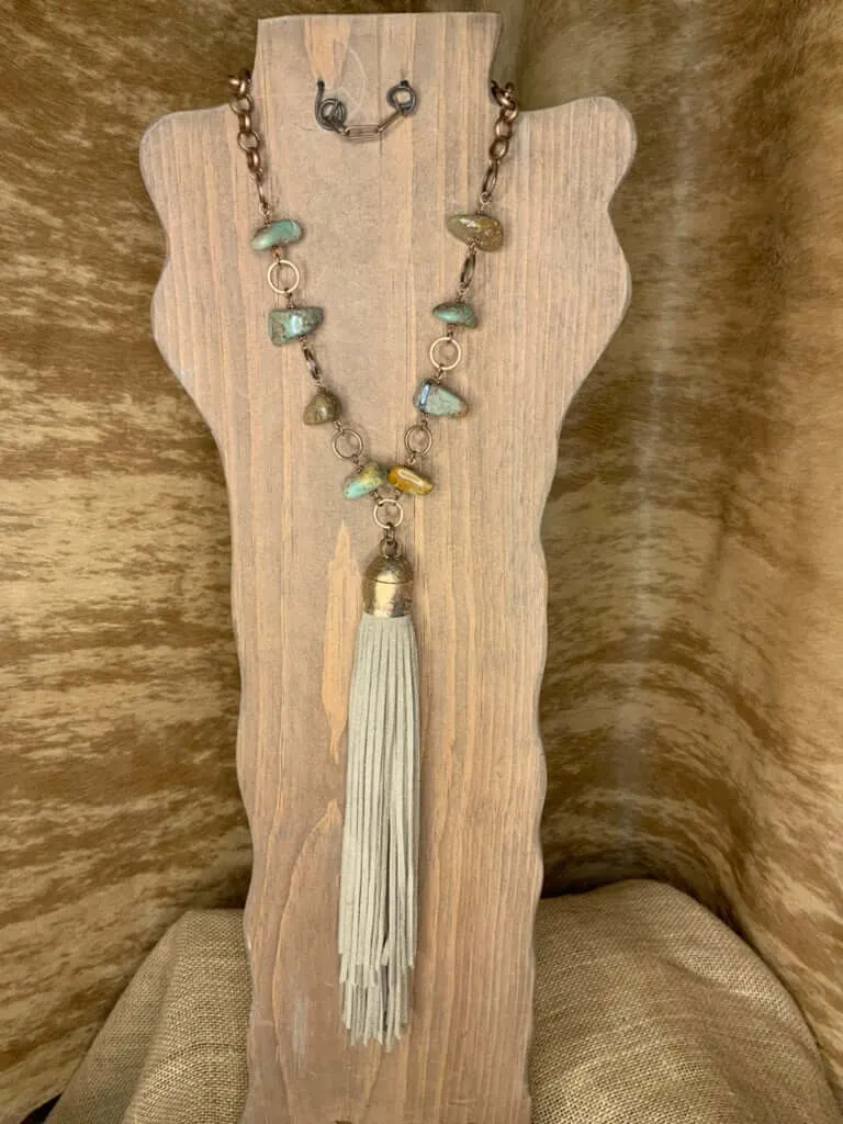 Desert Oasis: Handcrafted Turquoise Nugget Necklace with Copper Circles and Suede Tassel"