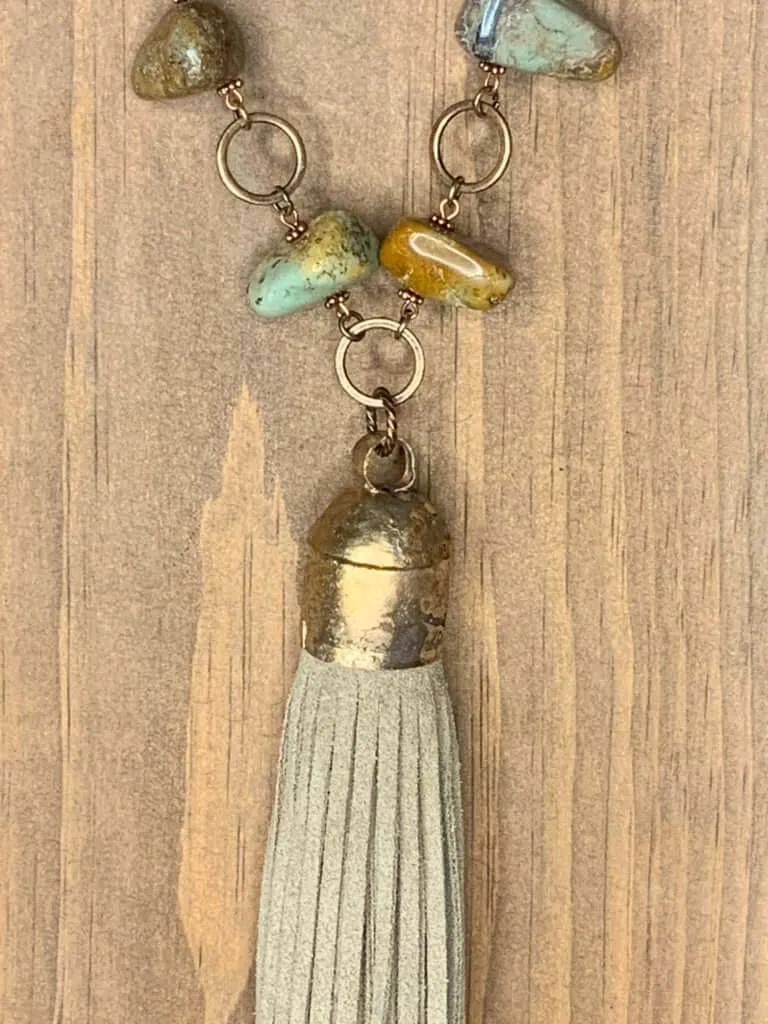 Desert Oasis: Handcrafted Turquoise Nugget Necklace with Copper Circles and Suede Tassel"