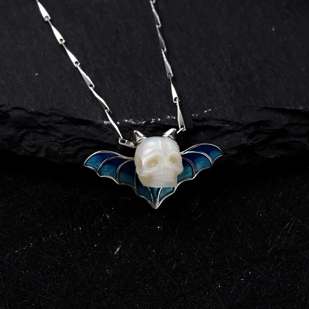 Devil Horn Bat Pearl Skull Necklace