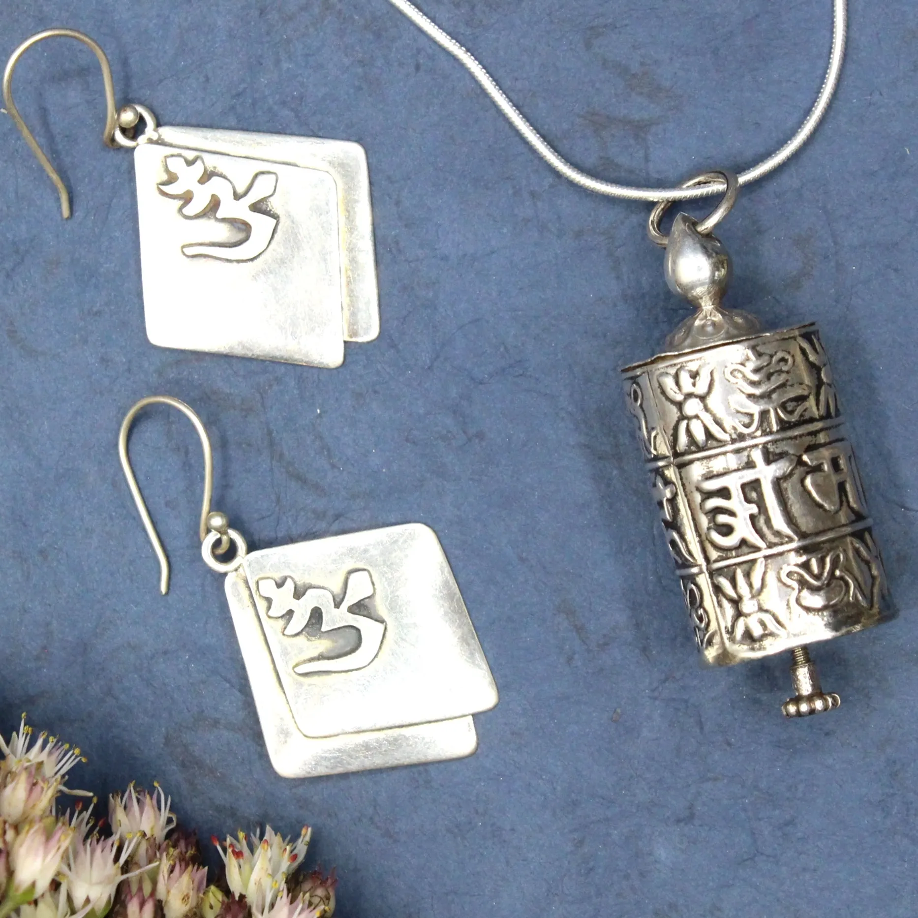 Diamond Om Silver Earrings