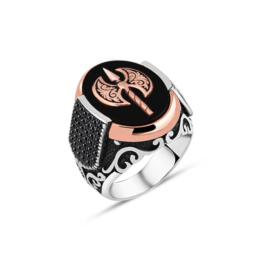 Double Axe on Black Ellipse Onyx Stone Silver Men's Ring Siding Zircons in Epaulet Shape